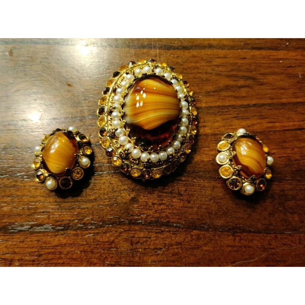 WEST GERMANY Brown PORPHYRY SLAG ART GLASS RHINESTONE FILIGREE Brooch EARRINGS